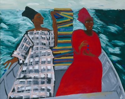 Two Black women wearing traditional African clothing on a raft in the middle of the ocean.  