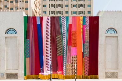 Joe Namy, Libretto-o-o: A Curtain Design in the Bright Sunshine Heavy with Love (2017). Exhibition view: Sharjah Biennial 13, Sharjah Art Foundation (10 March–12 June 2017). Commissioned by Sharjah Art Foundation.