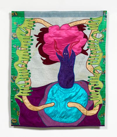 A surrealistic tapestry by Moki Cherry features a figure with a formless, purple head. Either side of the tapestry is formed of lines of little green hands.