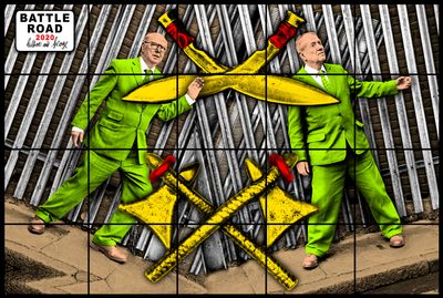 Gilbert and George are pictured in lime-green suits, a pair of yellow axes crossing above them.
