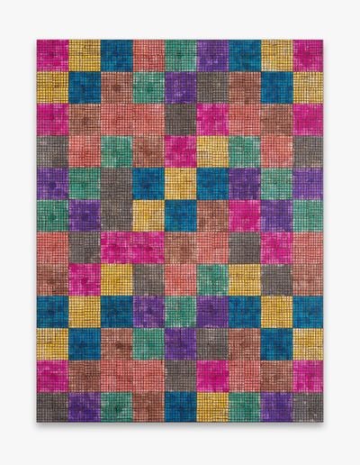A grid of different coloured squares makes up a painting by McArthur Binion.
