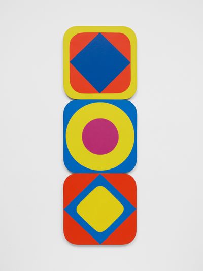 A line of stacked squares with rounded edges each feature pulsating circles within them in varying shades of yellow, blue, and red.
