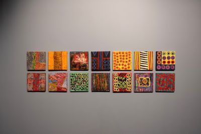 Fourteen small oil on canvas paintings arranged in two rows on gallery wall.
