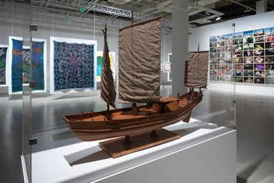 Model of the Sandboat (1949–1950s). Wood. 155 × 33 × 118 cm. Shanghai History Museum Collection. Exhibition view: Bodies of Water, 13th Shanghai Biennale, Shanghai (17 April–25 July 2021).