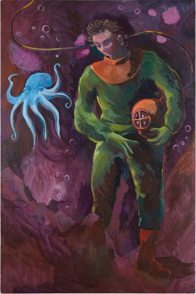 Oil on canvas painting of diver holding helmet at the bottom of ocean looking at octopus 