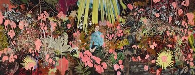 Painting of young man posing in pink jungle on acrylic on canvasPa