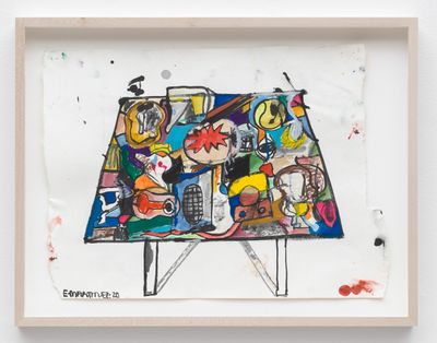 Cartoon-like painting showing coloured square in ink, crayon, watercolour, and acrylic on paper