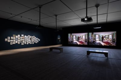 Left to right: Sutapa Biswas, Time Flies (2004–ongoing) and Birdsong (2004) (re-mastered in 2021). Exhibition view: Lumen, BALTIC Centre for Contemporary Art, Gateshead (16 October 2021–20 January 2022).