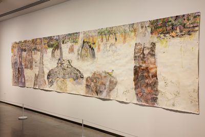 John Wolseley, Magnetic, arboreal and subterranean termite nests on the savannah plains of East Arnhem Land (2020–2021). Woodcut, linocut, etching, graphite frottage, and watercolour on cotton, Mino washi and Gampi paper. Exhibition view: The National 2021: New Australian Art, Museum of Contemporary Art Australia, Sydney (26 March–22 August 2021). Courtesy © the artist. Photo: Felicity Jenkins.