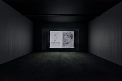 A video installation by William Kentridge presents a book, with the left-hand page covered in words in capital letters and in parentheses that read 'But It Is Not Nothing', while the right-hand page shows the profile of an elderly woman with their face lowered.