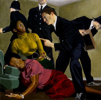 Artist Kimathi Donkor's artwork showing two new black women being oppressed by white men in suits in the artwork 'Madonna Metropolitan: The Death of Cynthia Jarrett'