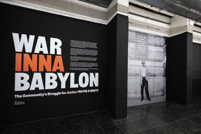 Exhibition wall saying War Inna Babylon at Institute of Contemporary Art
