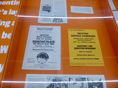 Exhibition detail of  two flyers about supporting Black people, and the other about Brexit, from the exhibition War Inna Babylon at Institute of Contemporary Art