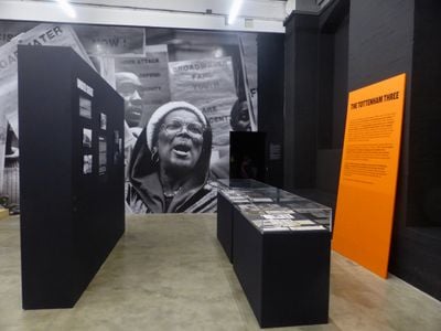 Installation wall works depicting struggles of the black community at the exhibition War Inna Babylon at Institute of Contemporary Art