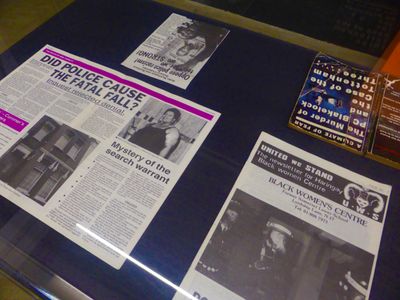 Installation details depicting news articles of black community struggles at the exhibition War Inna Babylon at Institute of Contemporary Art