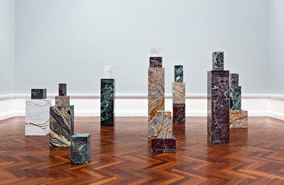 Stanislava Pinchuk, The Wine Dark Sea (2021). Series of 24 engraved marble and enamel sculptures. Dimensions variable. Exhibition view: 2022 Adelaide Biennial of Australian Art: Free/State, Art Gallery of South Australia, Adelaide (4 March–5 June 2022).