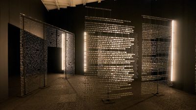 Jonathan Berger, An Introduction to Nameless Love (2019). Tin, nickel, and charcoal. Collection of the artist. Exhibition view: Whitney Biennial 2022, Quiet as It's Kept, Whitney Museum of American Art, New York (6 April–5 September 2022).