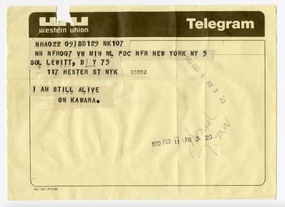 On Kawara, Telegram to Sol LeWitt, February 5, 1970 (1970). From the 'I Am Still Alive' series (1970–2000). LeWitt Collection, Chester, Connecticut, USA. © One Million Years Foundation.