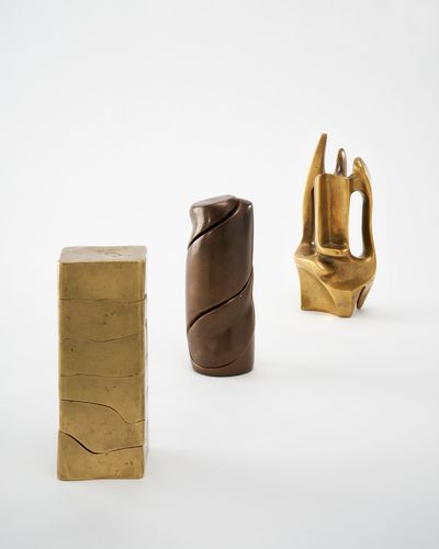 Left to right: Saloua Rouda Choucair, Poem (1972–1974); Dual (1978–1980); Trajectory of a Line (1958–1959). © The Saloua Raouda Choucair Foundation.