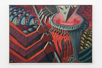 Aref El Rayess, Technologies et revolution from the series 'Blood and freedom' (1968). Oil on canvas. 139 x 200 cm.