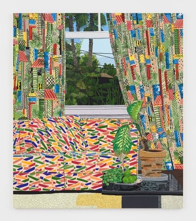 Jonas Wood, Patterned Interior with Mar Vista View (2020). Oil and acrylic on canvas. 254 x 221 cm.