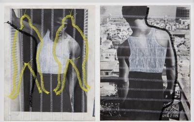 Troy Montes-Michie, America Is Woven of Many Threads #1 (2019). Graphite, coloured pencil, grease pencil, and polyester thread on magazine paper. 27.94 x 45.72 cm.