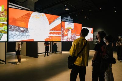 Shu Lea Cheang, UKI VIRUS SURGING (2022). Digital installation, video, H.D., seven channels, 16:9 format, colour, and sound. 2 min (loop). Exhibition view: Lonely Vectors, Gallery 1, Singapore Art Museum, Tanjong Pagar Distripark, Singapore (3 June–4 September 2022).