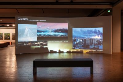 Forensic Architecture, Cloud Studies (2022). Two-channel video installation, colour, sound. 26 min, 8 sec. Exhibition view: 12th Berlin Biennale, Still Present!, Akademie der Künste, Berlin (11 June–18 September 2022).