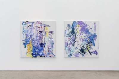 Left to right: Zhao Dajun, 2816 (2019). Oil on canvas. 150 x 150 cm; 201909 (2019). Oil on canvas. 160 x 150 cm. Exhibition view: Red Lines on the Blue, CLC Gallery Venture, Beijing (12 June–16 July 2022). Special acknowledgement ZHAO DAJUN ART FOUNDATION.