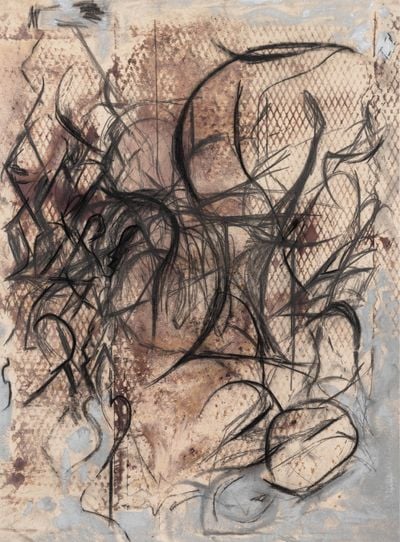 Peppi Bottrop, ConQuad (2021). Charcoal, graphite, metal pigments, rust converter, acrylic on canvas. 210 x 155 cm.