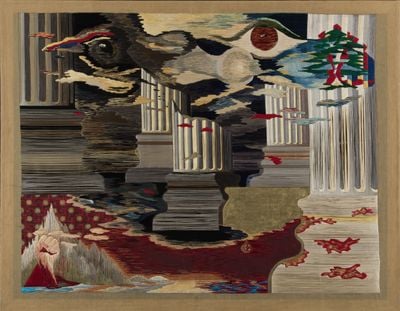 Nicolas Moufarrege, Le sang du phénix (The Blood of the Phoenix) (1975). Thread and pigment on needlepoint canvas. 126 x 162.6 cm.