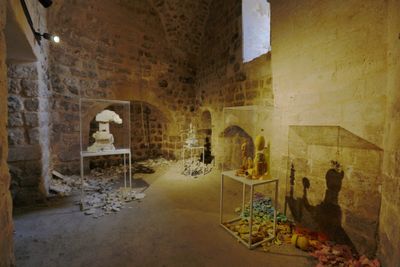 Sibel Horada, Shaped by Water (2022). Mixed-media installation. Dimensions variable. Exhibition view: 5th Mardin Biennial, The Promise of Grass, German Headquarters, Mardin (20 May–20 June 2022).