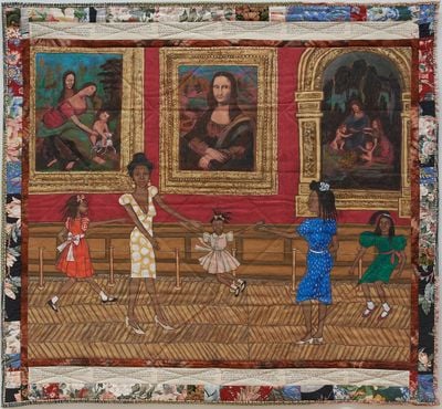 Faith Ringgold, Dancing at the Louvre: The French Collection Part I, #1 (1991). Quilted fabric and acrylic paint. 186.7 x 204.5 cm. The Gund Gallery at Kenyon College, Gambier, Ohio, Gift of David Horvitz '74 and Francie Bishop Good, 2017.5.6. © Faith Ringgold/ARS, NY and DACS, London.
