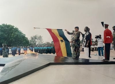 Flight Lieutenant Jerry John Rawlings Commemorating June 4th 1979 at Revolutionary Square opposite Flagstaff House, Accra 1990s.