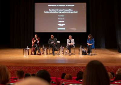 Noura Erakat speaking during 'Persistent Structural Inequalities: Settler Colonialism, Segregation and Apartheid', a panel with Premesh Lalu and Khalil Rabah, moderated by Nathalie Handal at March Meeting, Sharjah Art Foundation (4 March–4 July 2022). Photo: Shanavas Jamaluddin.