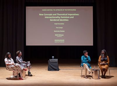 Meena Kandasamy speaking during 'New Social Movements, "Black Lives Matter" and its Global Reverberations', a panel with Suraj Yengde and Ahmad Sikainga, moderated by Elizabeth W. Giorgis at March Meeting, Sharjah Art Foundation (4 March–4 July 2022). Russell Rickford and Keeanga-Yamahtta Taylor joined the panel online via Zoom. Photo: Shanavas Jamaluddin.