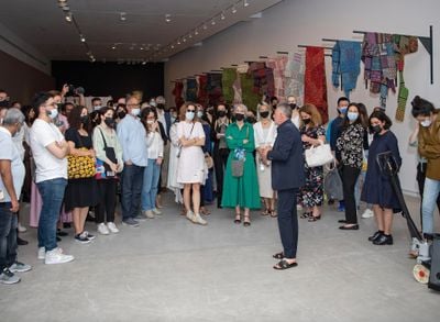 Khalil Rabah leading an artist tour at the opening of his exhibition, What is not, Sharjah Art Foundation (4 March–4 July 2022). Photo: Shanavas Jamaluddin.