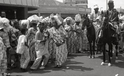 Celebrating the end of Ramadan after prayers, Opera Square, Accra, 1980.