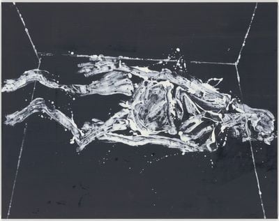 Georg Baselitz, Schwarzweiß im Bett (Black-and-White in Bed) (2021). Oil on canvas. 99 x 69.2 cm | 200 x 255 cm. © Georg Baselitz.