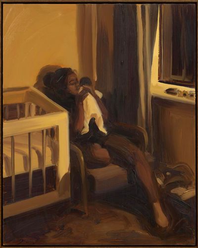 Caroline Walker, Night Feed II (2022). Oil on board. 44 x 35.7 cm.