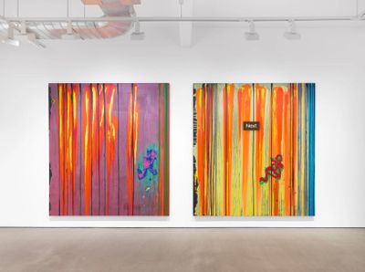 Left to right: John Hoyland, Jump 21.5.01 (2001). Acrylic on canvas. 254.2 x 233.8 x 5.8 cm; Fall 28.3.2001 (2001). Acrylic on canvas. 253.9 x 236.4 x 5.7 cm. Exhibition view: Flames Like Rainbows, Hales, London (1 April–20 May 2022).