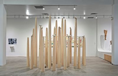 Andrea Carlson, Never-Ending Monument (2022). 28 wood columns. Exhibition view: 72 Perth Avenue, Toronto Biennial of Art (26 March–5 June 2022). Co-commissioned by the Toronto Biennial of Art and FRONT International Cleveland Triennial for Contemporary Art.