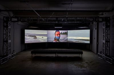Camille Turner, Nave (2022). Three-channel video installation and soundscape. Exhibition view: Small Arms Inspection Building, Toronto Biennial of Art (26 March–5 June 2022). Commissioned by the Toronto Biennial of Art.