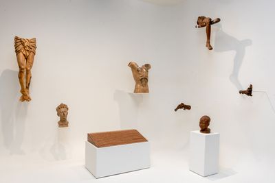 Paul Pfeiffer, Incarnator (2018–2022). Sculptural objects (Gmelina and balayong wood, paint, stainless steel, cast resin). Dimensions variable. Exhibition view: 72 Perth Avenue, Toronto Biennial of Art (26 March–5 June 2022).
