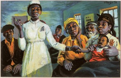 George Pemba, At the Clinic (1979). Oil on board. 35 x 54 cm. © DACS 2022.