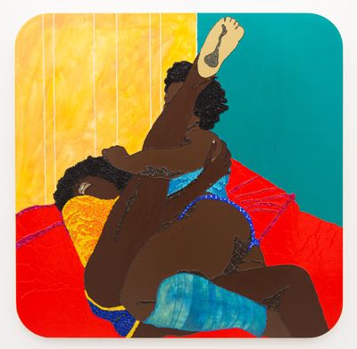 Mickalene Thomas, Never Change Lovers in the Middle of the Night (2016). Rhinestones, acrylic, and enamel on wood panel. 182.8 x 182.8 cm. © ARS, NY and DACS, London 2022.