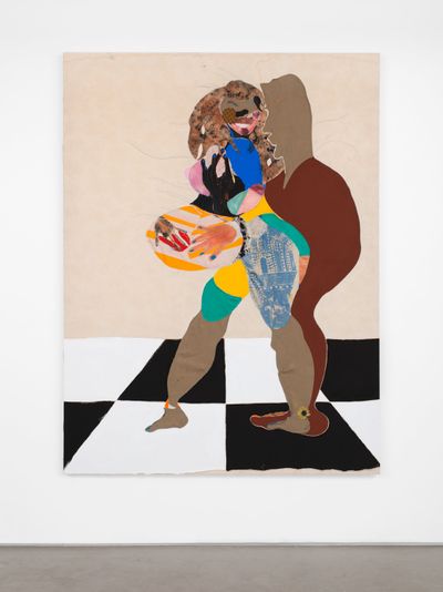 Tschabalala Self, Bellyphat (2016). Painted canvas, fabric, oil, acrylic, and Flashe on canvas. 203.2 x 152.4 cm. © Craig Robins Collection, Miami.