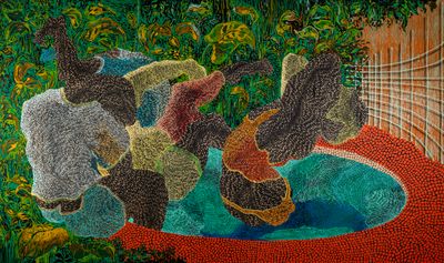 Didier William, Mosaic Pool, Miami (2021). Acrylic, collage, ink, wood carving on panel. 172.72 x 264.16 cm. Collection of Reginald and Aliya Brown.