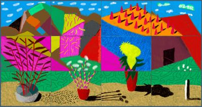 David Hockney, August 2021, Landscape with Shadows (2021). 12 iPad paintings comprising a single work, printed on paper, mounted on Dibond. Edition of 25. 108.2 x 205 cm. © David Hockney.