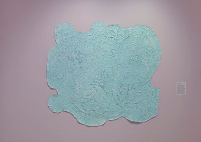 Howardena Pindell, Plankton Lace #1 (2020). Mixed media on canvas. Exhibition view: A New Language, Kettle's Yard, Cambridge (2 July–30 October 2022).